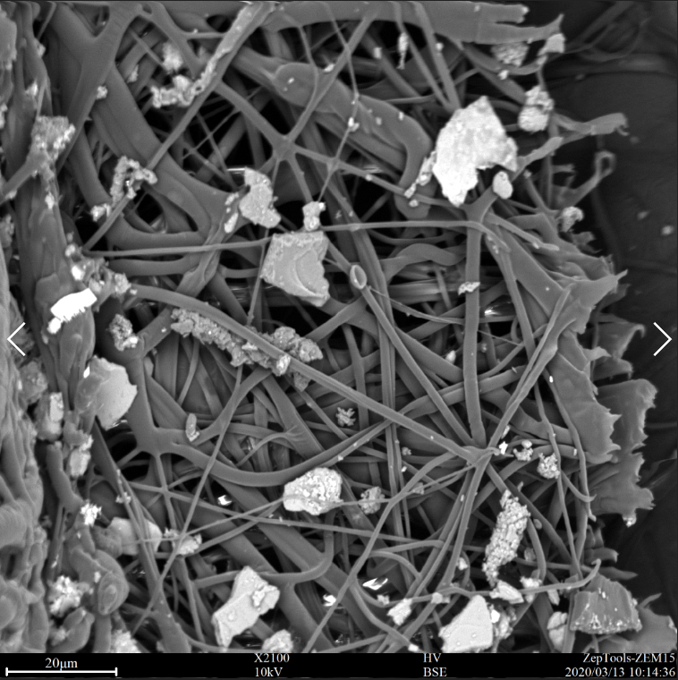 二手煙環境下佩戴過的口罩中間過濾層的掃描電鏡圖片